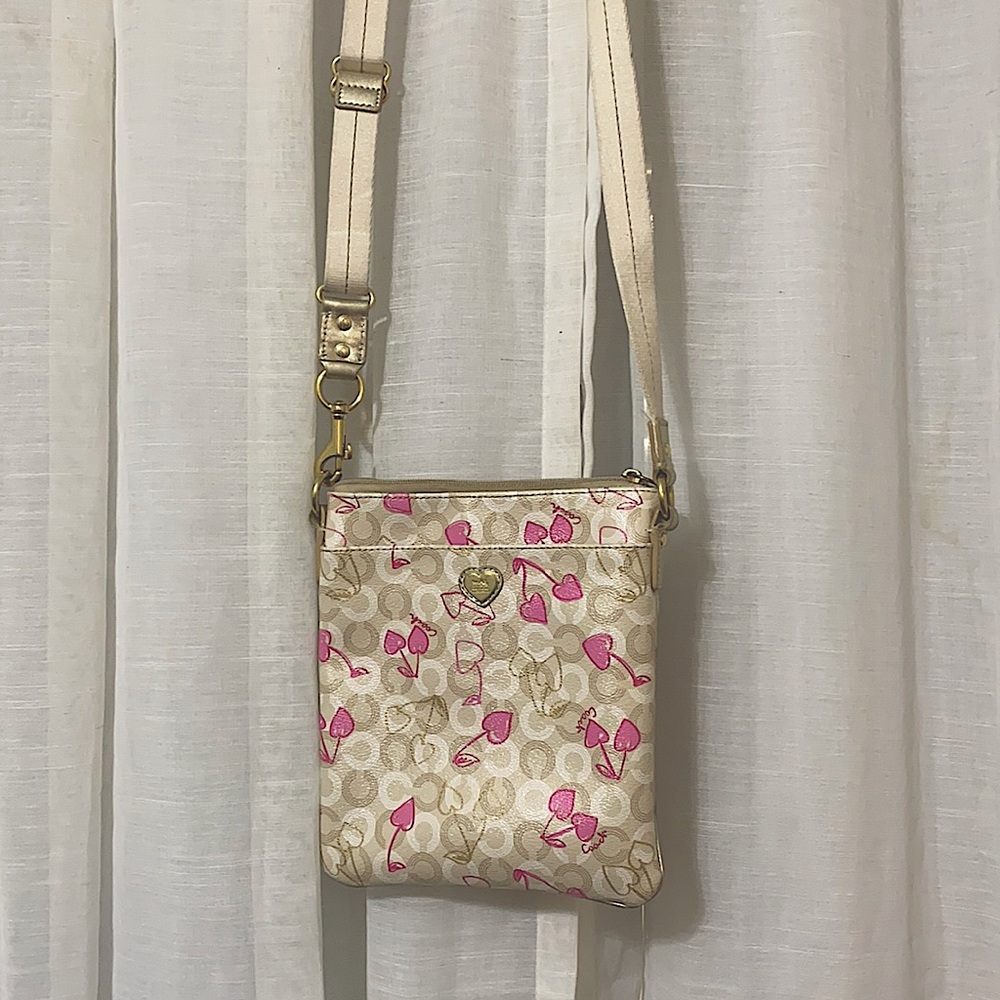 white / cream with pink cherry hearts coach purse